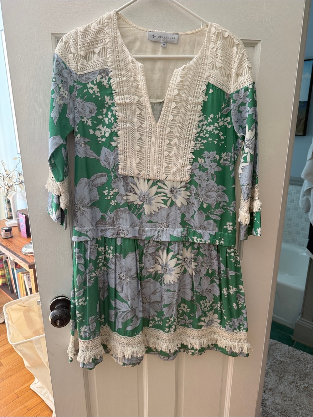 Tuckernuck Green and Cream Floral Lace-Trim Mini Dress